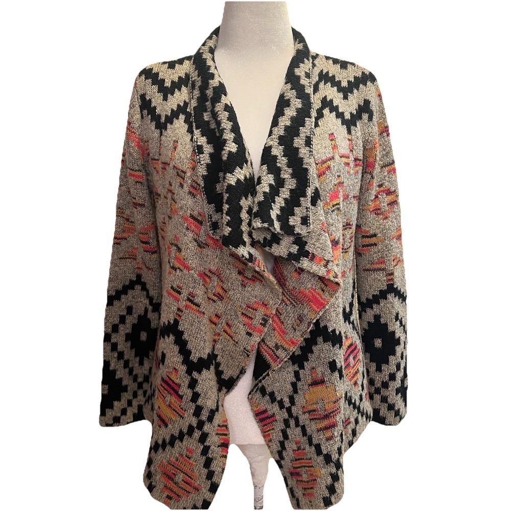 John Fashion Womens Knit Open Cardigan M Wool Blend Southwestern Aztec Tribal